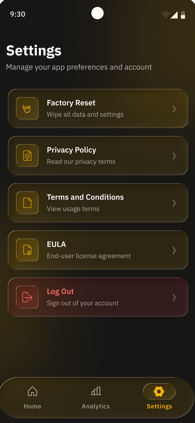 Jingle demo app Settings tab showing privacy, terms, and logout controls